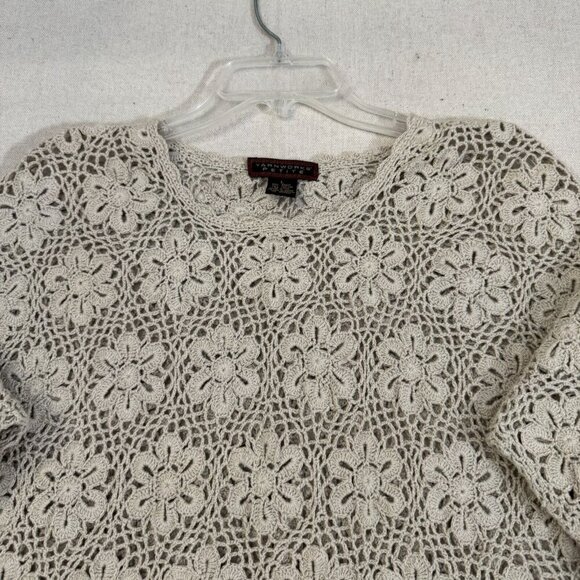 Yarnworks White & Gray Floral Crochet Long Sleeve Sweater Pullover Top L - Picture 2 of 11